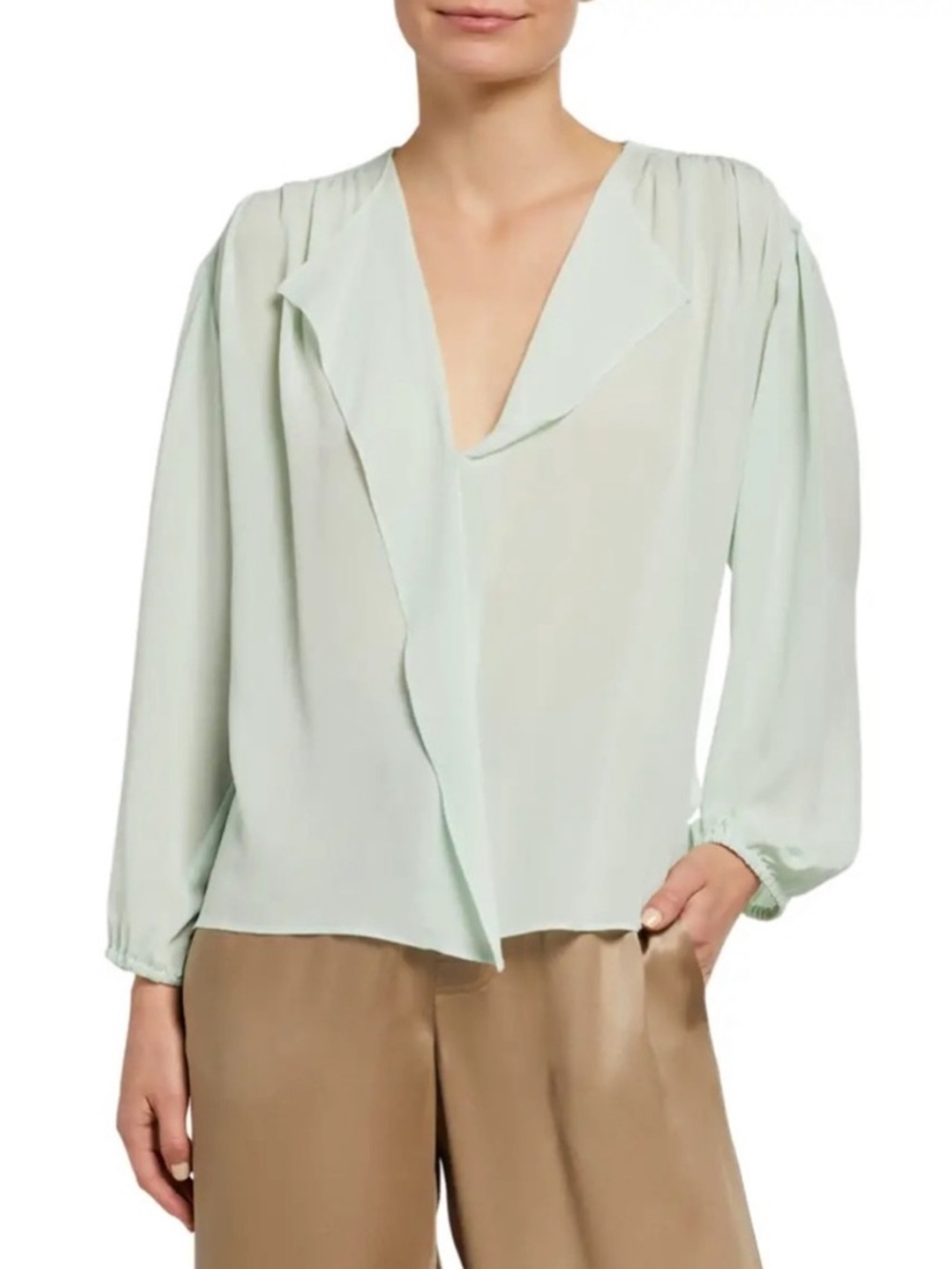 Vince Shirred Long Sleeve Silk Flutter Split Neckline Blouse